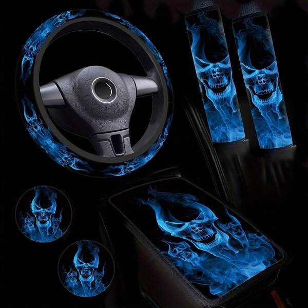 Juego de 6 piezas con estampado de calavera de llama azul (1 Funda para volante + 1 Apoyabrazos central + 2 Fundas para cinturón de seguridad + 2 Posavasos) para hombre y mujer, protector interior universal para automóvil, apto para automóvil, SUV, sedán, camión