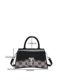 1pc Vintage Box Handbag For Women, Letter Printed Flap Crossbody Bag, Square Shape, Detachable Strap - Black - View 7