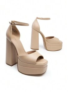 New Arrival Women Fashion Ankle Strap Platform Chunky Heeled Sandals, Sexy Peep Toe Ultra High Heel Sandals For Festival Party, Nightclub Date - 杏色 - 查看 2