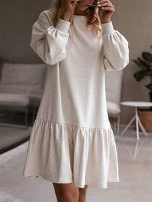 Đầm nỉ dáng rộng cổ tròn, trễ vai, tay dài thiết kế dành cho nữ - Màu Xám nhạt - Xem 5