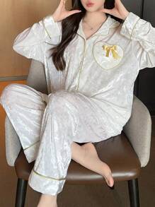 2 Adet/Takım Kadın Kadife Romantik Gecelik - Kalp Fiyonklu Üst Ve Uzun Pantolon Takımı, Seksi Ve Yarı Şeffaf, Sonbahar/Kış - Kayısı - Görünüm 5