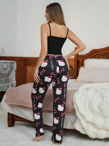 Sanrio 2 件套 Hello Kitty 印花女式吊带短款上衣 + 松紧腰直筒裤可爱睡衣套装 - 黑色 - 查看 3