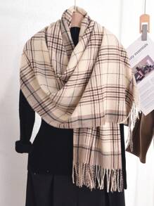 1 chiếc khăn choàng thời trang kẻ caro cổ điển dành cho nữ, vải cashmere giả sang trọng, siêu mềm và ấm, không co giãn, khăn choàng chống lạnh có viền tua rua thanh lịch, phù hợp cho mùa thu đông, phụ kiện quấn thời trang dành cho nữ - Nhiều màu - Xem 2
