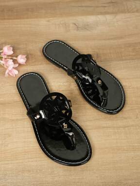 Women's Fashionable, Casual, Minimalist, Elegant, Versatile Glossy White Flat Sandals, Glossy Black Flat Sandals, Glossy Blue Flat Sandals, Brown Flat Sandals, Rhinestone, Beaded, Homewear, Comfortable, Walking, Outdoor, Plus Size, Beach, Summer, Slip-On, Round Cutout Pattern, Round Toe, Flat Flip Flop Sandals