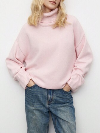 Enfärgad lös polotröja för kvinnor med lång ärm