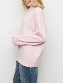 Áo len chui đầu dài tay cổ lọ rộng rãi màu trơn dành cho nữ - Màu Hồng baby - Xem 3
