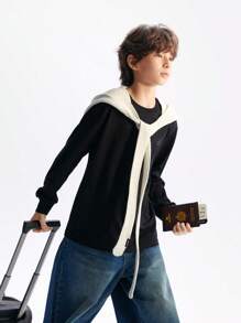 Annil Boys' And Girls' Children's Clothing. Soft Round-Neck Long-Sleeved Knitted Sweater. Solid Color, Simple And Casual. Super Comfortable Clothing That Can Be Worn As An Inner Layer Or An Outer Layer. Top T-Shirt. - Black - View 3