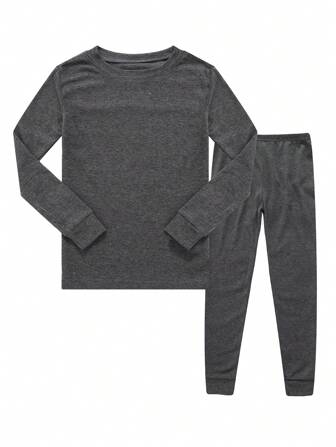 2 件套年轻男孩灰色纯色 T 恤和紧身裤睡衣套装，适合男孩和女孩，秋季