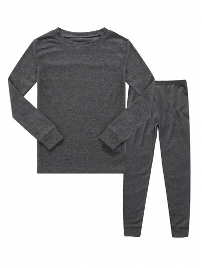 2pcs/Set Young Boys Grey Solid Color T-Shirt And Leggings Pajamas Set, For Young Boys And Girls, Autumn