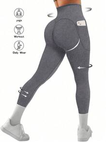 Summer Workout 1pc High Waist Solid Color Yoga Leggings With Pocket, Suitable For Hiking, Outdoor Sports And Casual Wear