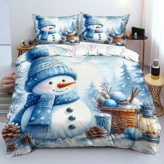 3-Piece Blue Snowman Themed Duvet Cover Set,3D Cartooon Digital Digital Print Bedding Set,Soft Comfortable Quilt Cover, For Bedroom, Guest Room (1*Quilt Cover + 2*Pillowcase, Without Core)