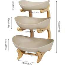 HaroldDol 3-Tier Fruit Rack Ceramic Serving Bowls With Bamboo Wood Bracket Kitchen Porcelain Fruit Bowl For Vegetable Storage,Snack Dessert Cake Tray Plate Rack For Party Wedding The Best Gift/Present For Family&Friends Happy Christmas - Khaki - View 4