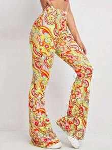 Women's Print Stretch Bell Bottom Flare Pants Trousers - 迷彩色 - 查看 3