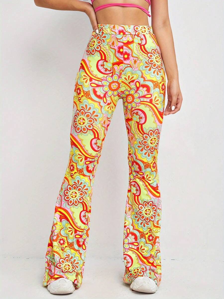 Women's Print Stretch Bell Bottom Flare Pants Trousers - 迷彩色 - 查看 1