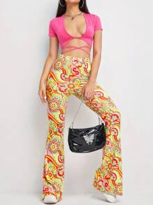 Women's Print Stretch Bell Bottom Flare Pants Trousers - 迷彩色 - 查看 4