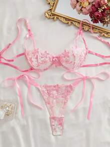 Style Dream 两件套女士花卉网纱刺绣性感蕾丝系带甜美内衣套装，适合情人节两件套女士套装，可爱超薄文胸 - 粉色 - 查看 3