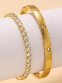 时尚不锈钢方形图案女士手链，方晶锆石可调节手镯，适合日常佩戴 - 金黃色 - 查看 8