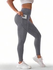 Summer Workout 1pc High Waist Solid Color Yoga Leggings With Pocket, Suitable For Hiking, Outdoor Sports And Casual Wear