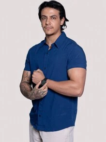 Linen Shirt Short Sleeve Formal Summer Fresh Italian Collar Elegant In Visco-Linen - Blue - View 4