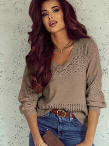 Women's Casual Vacation Light Slim Long Sleeve Knitted V-Neck Pullover Sweater - Mocha Brown - View 1