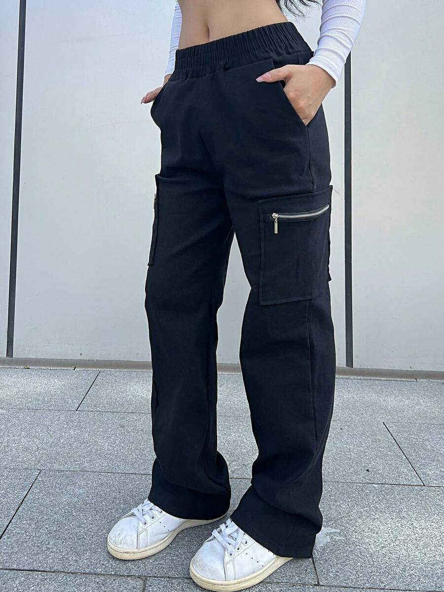 Flap Pocket Side Cargo Pants - Black - View 1
