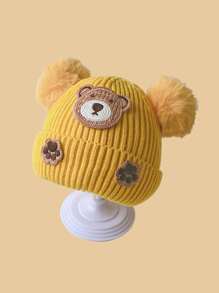 1pc Baby Knitted Hat With Ear Protection, Cute Bear Design, Pompom Decor, Brimless, Unisex, Warm For Autumn & Winter