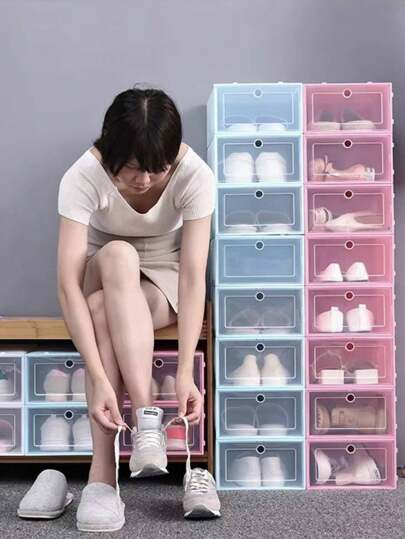 Caja de almacenamiento apilable transparente con tapa abatible, Organizador de cajones de zapatos de plástico, 6 pz