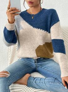 「 Jumpers For Women」Women's Round-Neck Long-Sleeved Asymmetrical Pattern Patchwork Simple Sweater For Daily Casual Wear [Back-To-School Season]