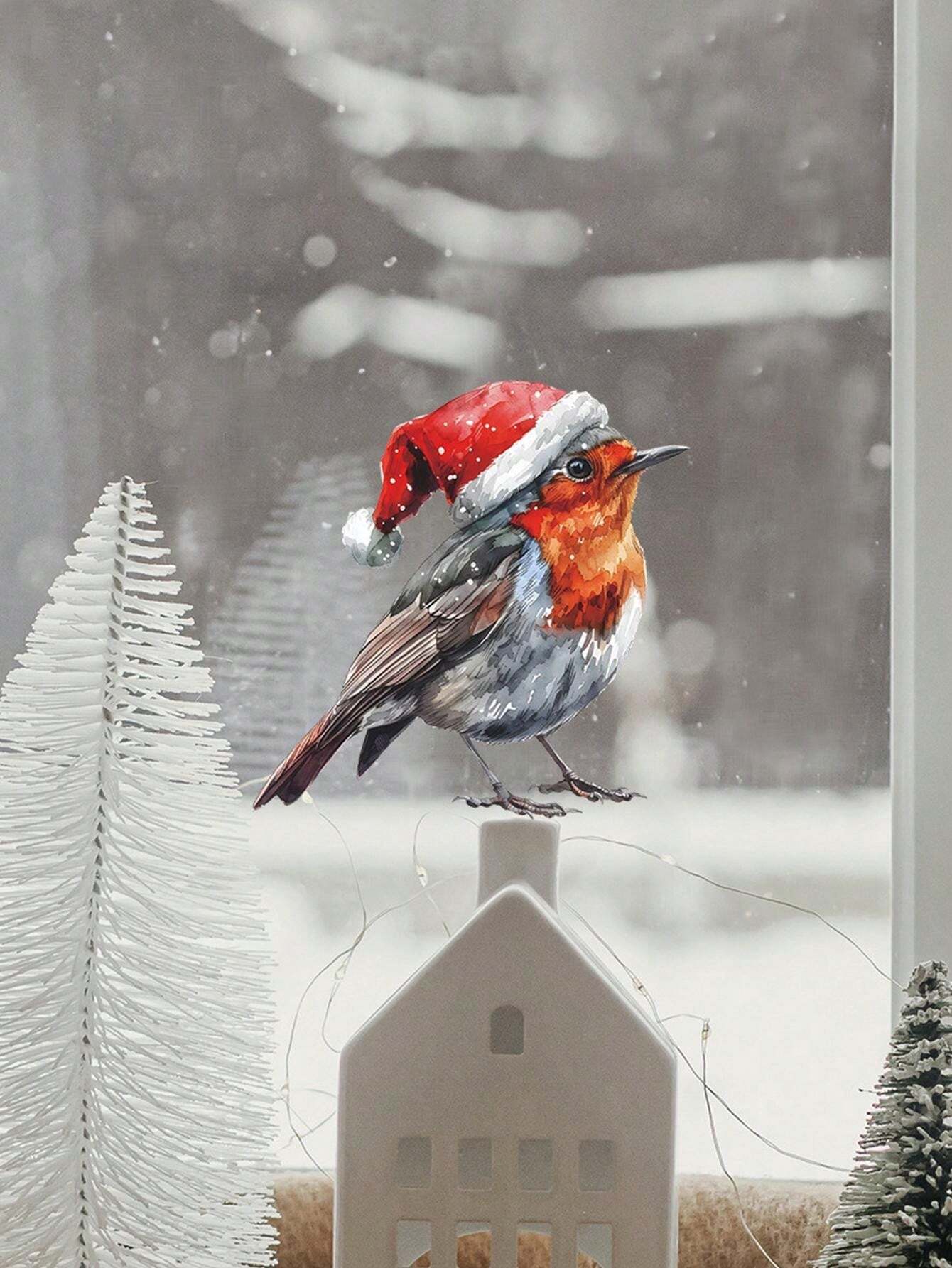 Cute Christmas Hat & Bird Wall/Window Sticker Decals For Bedroom