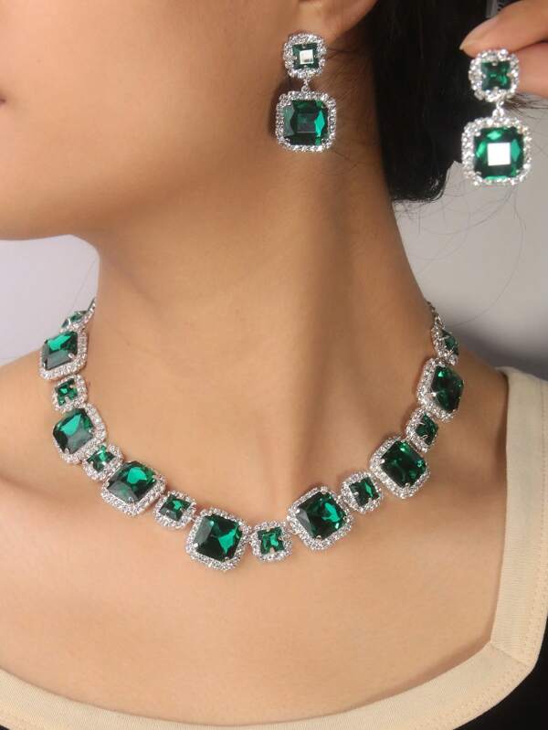 STONEFANS 1 Conjunto de Joias Colar e Brincos Quadrados de Prata, Acessórios de Casamento e Noiva com  Verde
