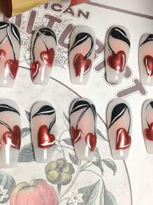 新鲜 10 件红色“樱桃”按压指甲釉面杏仁形秋冬中号家居 DIY 指甲设计全覆盖假指甲女士和女孩美甲用品 - 彩色 - 查看 3