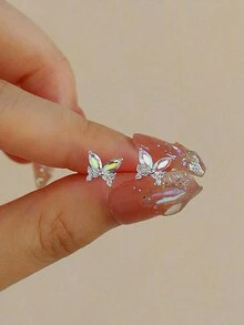 Hoa tai đính đá cầu vồng hình bướm bằng bạc Sterling S925, tối giản và dễ thương, quà tặng cho cặp đôi, bạn bè, phụ nữ, trang sức chất lượng cao - Bạc - Xem 2