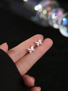 Hoa tai đính đá cầu vồng hình bướm bằng bạc Sterling S925, tối giản và dễ thương, quà tặng cho cặp đôi, bạn bè, phụ nữ, trang sức chất lượng cao - Bạc - Xem 4