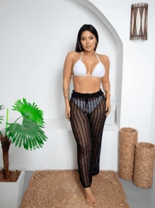 ELEGANT Knitted Beachwear Pants With Adjustable Waistband - 黑色 - 查看 1