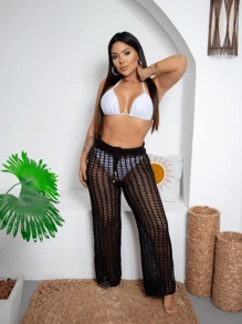 ELEGANT Knitted Beachwear Pants With Adjustable Waistband - 黑色 - 查看 4