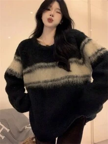 女式黑色宽松长袖针织毛衣上衣，适合秋冬季