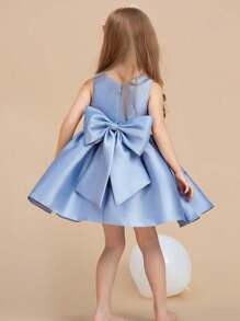 女童花童優雅藍色無袖水鑽蝴蝶結公主禮服，適合婚禮、生日派對 - 藍色 - 查看 8