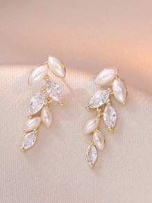 1 件，叶流苏仿珍珠锆石耳环，法式简约优雅高档耳饰，新年礼物 - 金色 - 查看 1