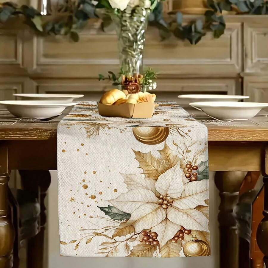 Decorazione natalizia, runner da tavola con fiori bianchi e oro, decorazione natalizia per vacanza, decorazione natalizia per interni - Multicolore - Visualizzare 1
