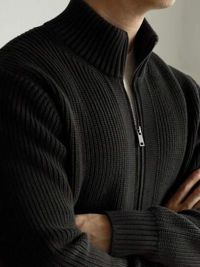 Men's Loose Solid Color Front Zipper Long Sleeve Casual Comfortable Thick Cardigan Sweater
