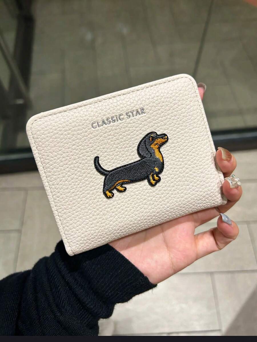 Monedero con diseño de perro salchicha, bolsillo para monedas con textura grabado, billetera plegable corta, tarjetero, regalo de cumpleaños de anime para mujer, cartera pequeña linda - Blanco - Ver 1