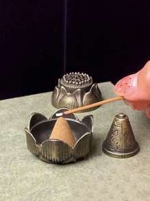 1 pièce Brûleur d'encens de lotus à main antique bleu rétro, brûleur d'encens de lotus miniature raffiné pour le bout des doigts - Bronze - Voir 7