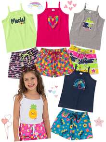 Kit com 5 Conjuntos Infantil Menina Verão Blusa Alcinha e Shorts com Elástico Tecido Algodão com Elastano - Multicolorido - Visão 1