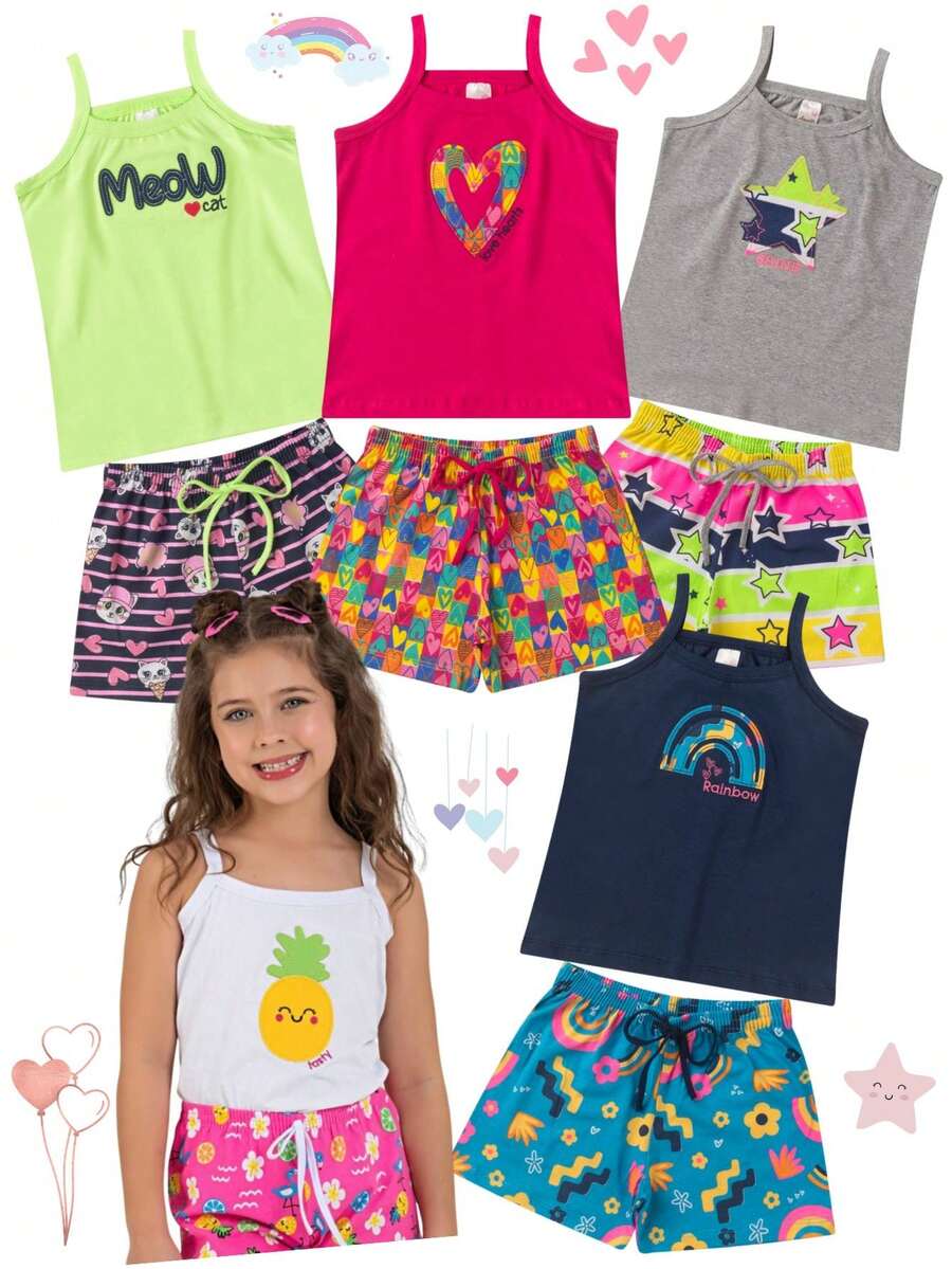 Kit com 5 Conjuntos Infantil Menina Verão Blusa Alcinha e Shorts com Elástico Tecido Algodão com Elastano - Multicolorido - Visão 1
