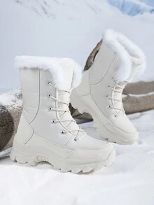 New High-Top Anti-Slip Mid-Calf Boots, Thermal Lined & Thick For Women, Winter Boots, Warm Snow Boots For Women, Outdoor, Fashion Sport Boots, Winter Snow Boots, Ankle Boots For Men, Outdoor Sport Boots For Men, Couples Hiking Boots, Beige Boots, Ski Boots - Beige - View 4
