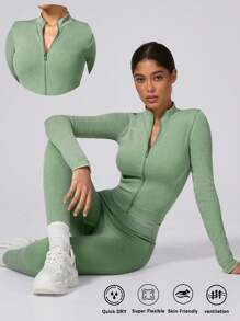 1 Set Women's Fashion Matte Long Sleeve Long Pants Workout Set, Ribbed Zip Sports Suit For Outdoor Shapewear - Army Green - View 9