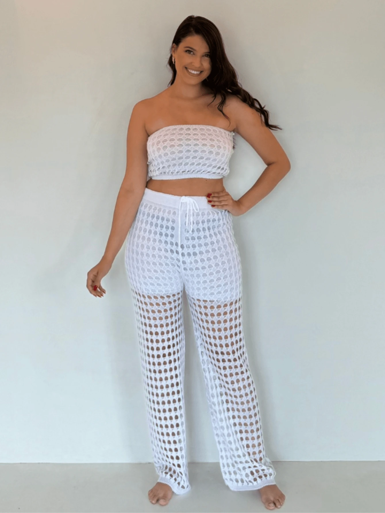 Beachwear Set Flare Pants Pantaloons Cropped Top Knit Shorts Lining Shorts Knit Crochet Fashion - trắng - Xem 1