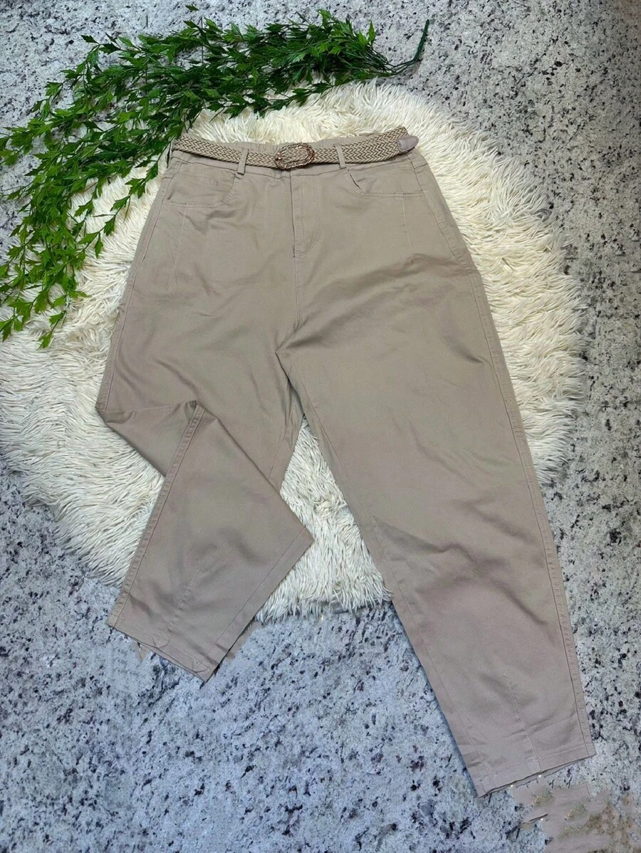 Plusd Pants With Elastic Twill Fabric Belt For Women - Apricot - View 1
