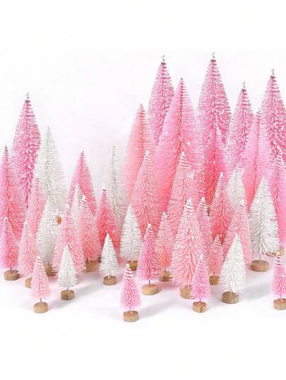 15pcs-Mini Artificial Christmas Cedar Trees With A Wooden Base, Used For Christmas Decoration, Christmas Parties, Family Dining Tables, Desktop Decor,Craft Decoration, And Daily Furniture Decoration,Multicolor, Light Pink, Pink, White, For Festival, Home, Office, Garden Decoration,Christmas Gift, Xmas Decoration, Pine Tree,Christmas