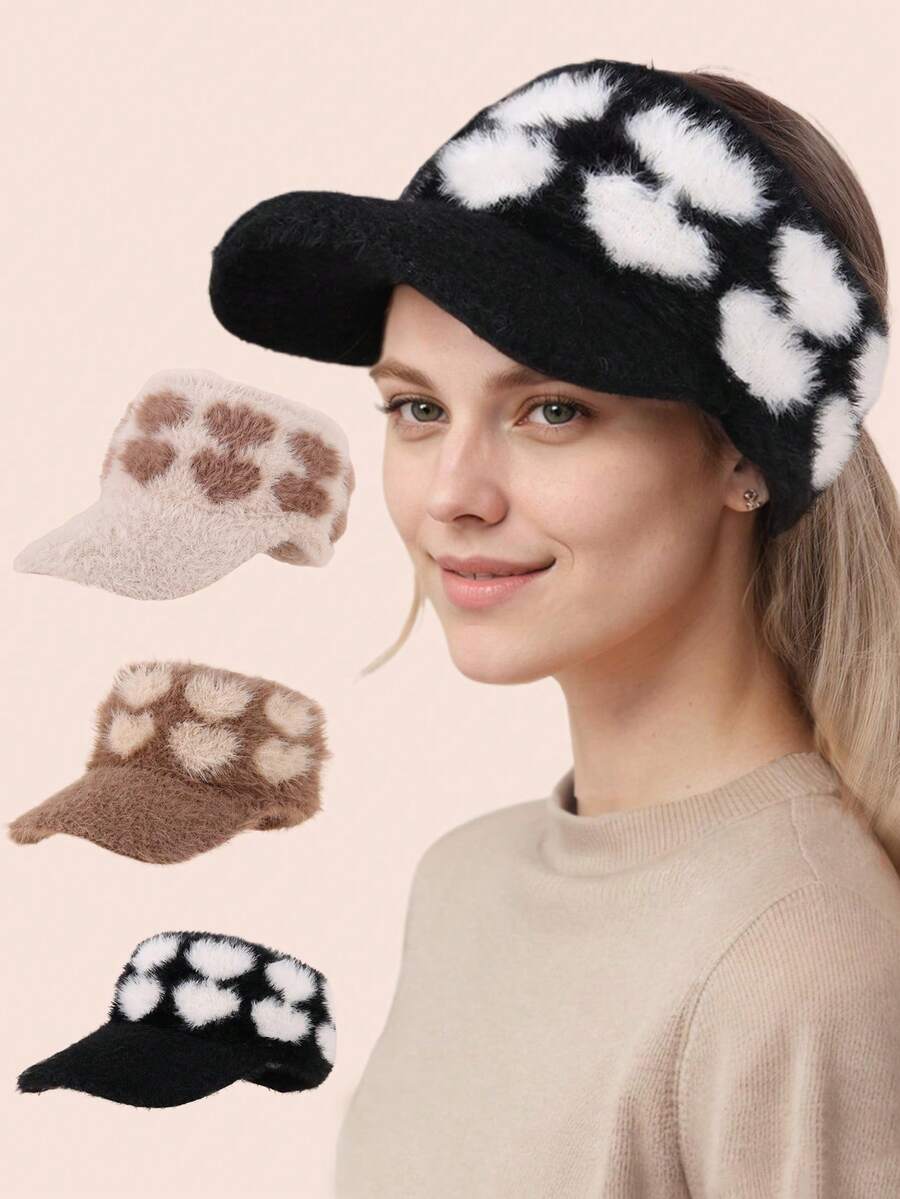 1pc Women Fluffy Heart Pattern Messy Bun Ponytail Baseball Cap, Warm For Autumn/Winter - Multicolor - View 1